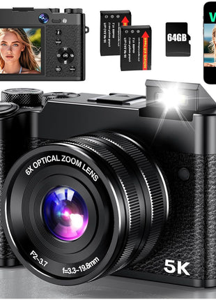 5K Digital Camera, 64MP Cameras for Photography with 6X Optical Zoom & Autofocus, WiFi Vlogging Camera for YouTube Video, Dual-Lens, 2 Batteries, 64GB Card & Flash, Best Cameras for Content Creators