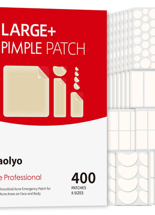 Daolyo Large Pimple Patches for Face, 8 Sizes 400 Counts XL Acne Patches, Big Hydrocolloid Bandages for Body, Chin, Forehead, Chest, Back Zit Breakouts (Strip, Square, Round, Moon)