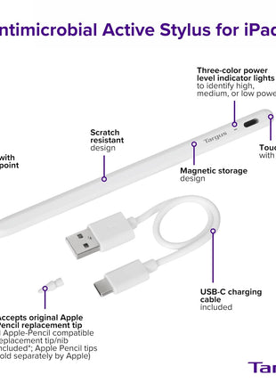 Targus Active Stylus for iPad - Take Notes, Doodle and Navigate Seamlessly, 1:1 Apple Pencil Size and Accepts Original Apple Pencil Replacement Tip (AMM174AMGL)
