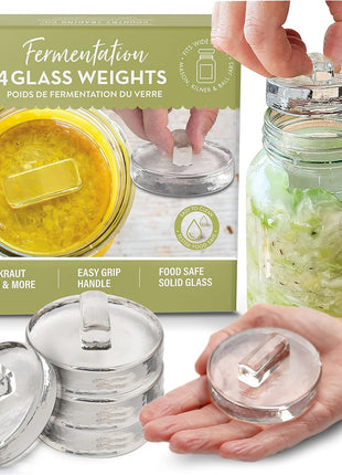 Glass Fermentation Weights for Wide Mouth Mason Jars — Set of 4, Easy Lift Handles — for Sauerkraut, Kimchi, Pickles & Kombucha