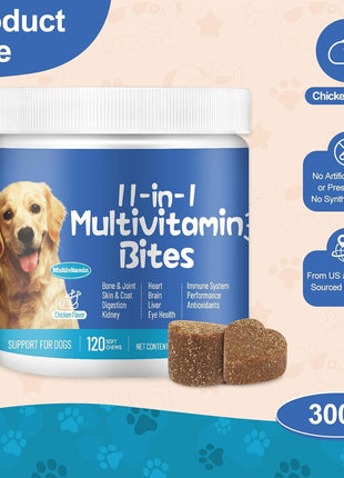 11-in-1 Dog Multivitamin Supplement with Glucosamine - 120 Soft Chews - Hip & Joint, Pet Immune Support, Heart, Skin & Coat, Digestion - Senior & Puppy Multivitamin for Dogs