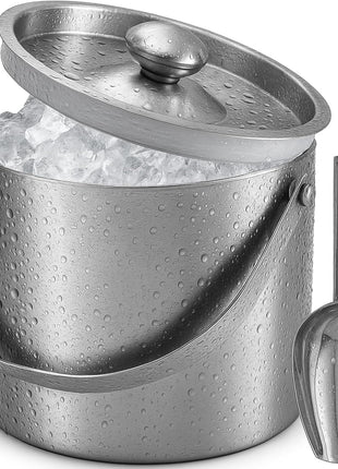 Ice Bucket (3 Liter) Stainless Steel Double Wall Insulated Ice Bucket with Lid & Scoop, Ice Buckets for Parties, Handle, Keeps Ice Cold for Hours, Great for Wine, Champagne, Cocktails (Silver)