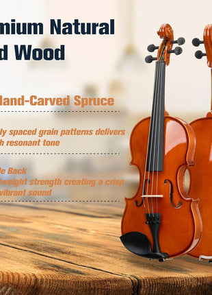 Mendini by Cecilio 16-Inch Solid Wood Violin Set for Beginners - Hand Carved Acoustic Viola Kit - Fiddle Set with Hard Case, Bow, Rosin, Bridge and Extra Strings (Natural Varnish)