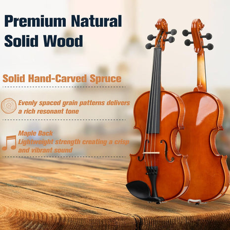 Mendini by Cecilio 16-Inch Solid Wood Violin Set for Beginners - Hand Carved Acoustic Viola Kit - Fiddle Set with Hard Case, Bow, Rosin, Bridge and Extra Strings (Natural Varnish)