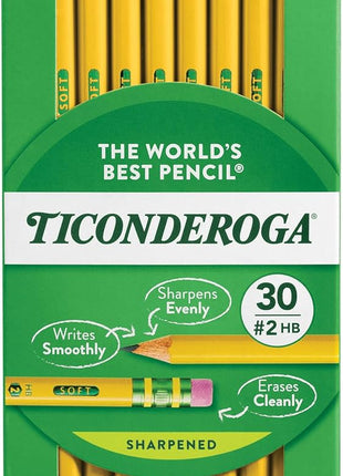 Ticonderoga Wood-Cased Pencils, Pre-Sharpened, #2 HB Soft, Yellow, 30 Count