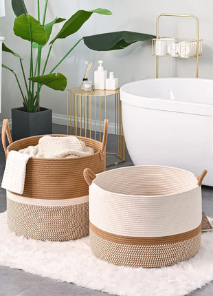 KAKAMAY Large Blanket Basket with Handles, Storage Basket for Living Room | Extra Large Capacity | Blanket Storage | Laundry Basket | Natural Cotton Rope | Stuffed Animal Storage | Woven Storage Basket