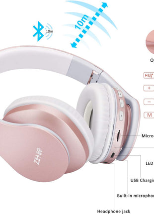 ZIHNIC Bluetooth Headphones Over-Ear, Foldable Wireless and Wired Stereo Headset Micro SD/TF, FM for Cell Phone,PC,Soft Earmuffs &Light Weight for Prolonged Wearing(Rose Gold)