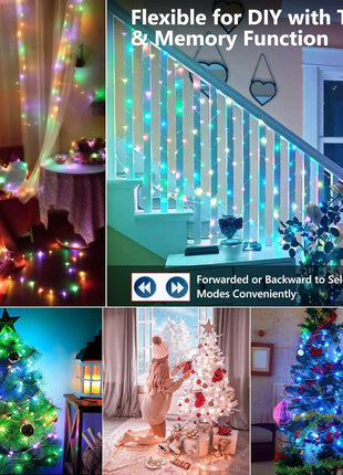 BrizLabs Color Changing Fairy String Lights 66ft 200 LED for Xmas Halloween | RGB; Rainbow; Music sync; 540+ modes; Brightness & speed adjustable; Plugin; IP44 Waterproof; Remote gold & silver wire light