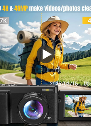 4K Digital Camera for Photography, UHD Autofocus 48MP 180? Flip Screen 16X Zoom Compact Point Shoot Vlogging Camera for YouTube with 2 Batteries, 32GB Card (Black)