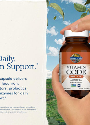 Garden of Life Vitamin Code Raw Iron Supplement - 30 Vegan Capsules, 22mg Once Daily Iron, Vitamins C, B12, Folate, Fruit, Veggies & Probiotics, Iron Supplements for Women, Energy & Anemia Support