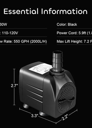 GROWNEER 550GPH Submersible Pump 30W Fountain Water Pump, 2000L/H, with 7.2ft High Lift, 3 Nozzles for Aquarium, Fish Tank, Pond, Hydroponics, Statuary, Pool