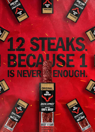 Jack Link's Beef Steak, Original - Protein Snacks, Jerky Meat Snack with 23g of Protein, Made with 100% Beef, Individually Wrapped Bulk Snack Pack, Keto Friendly - 2 Oz. (12 Count)
