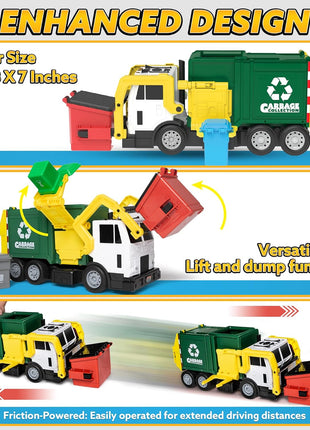 JOYIN Large Friction Powered Garbage Truck Toy Set, Includes 1 Dumpster, 3 Trash Bins, and 30 Learning Cards for Kids, Boy Toys Birthday Gift, Green
