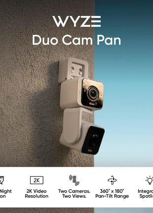 WYZE Duo Cam Pan Indoor/Outdoor IP65 2K 360° Pan/Tilt Smart Home Security Camera with Color Night Vision, Compatible with Alexa & Google Assistant, White