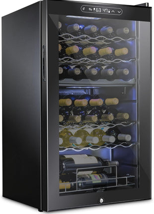 SCHMECKE 33 Bottle Dual Zone Wine Cooler Refrigerator w/Lock | Large Freestanding Wine Cellar | 41f-64f Digital Temperature Control Wine Fridge For Red, White, Champagne or Sparkling Wine - Black