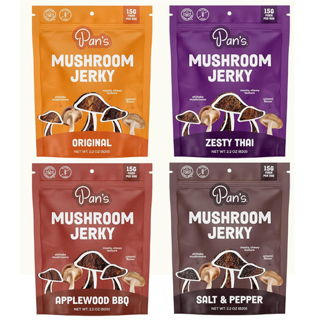 Pan's Mushroom Jerky, Organic, Vegan Snacks, Mushrooms Shitake, Meatless Jerky, Gluten Free, High in Fiber, Variety pack of Original, Zesty Thai, Salt & Pepper, BBQ (2.2 Ounce, Pack of 4)