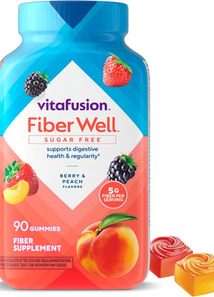 Vitafusion Fiber Well Gummies for GLP-1 Support | 5mg | 90 Count | Sugar Free Adult Gummy | Vitamins For Women & Men | Berry & Peach Flavors | Gluten Free Formula
