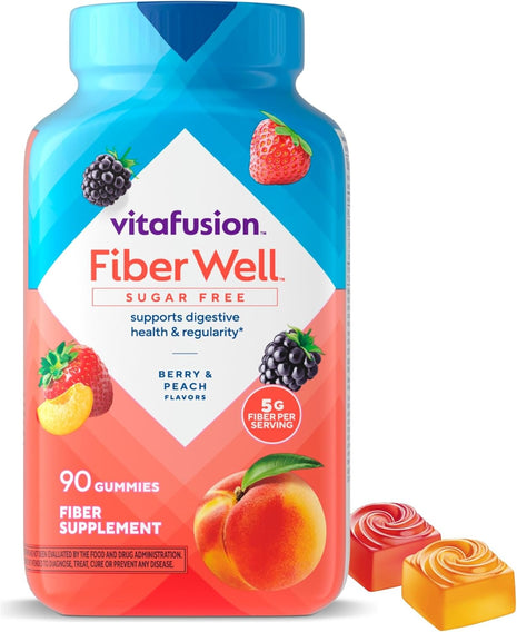 Vitafusion Fiber Well Gummies for GLP-1 Support | 5mg | 90 Count | Sugar Free Adult Gummy | Vitamins For Women & Men | Berry & Peach Flavors | Gluten Free Formula