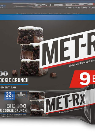 MET-Rx Big 100 Protein Bar, Meal Replacement Bar, 32G Protein, Super Cookie Crunch, 9 Bars (Pack of 1)
