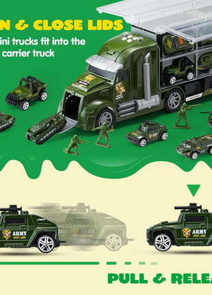 JOYIN 25 in 1 Military Kids Truck Toys for Age 3+, Toddler Boy Toys, Army Men Tanks Set with Soldier Men, Mini Battle Cars in Carrier Truck with Lights and Sounds, Gifts for Grandkids