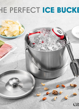 Ice Bucket (3 Liter) Stainless Steel Double Wall Insulated Ice Bucket with Lid & Scoop, Ice Buckets for Parties, Handle, Keeps Ice Cold for Hours, Great for Wine, Champagne, Cocktails (Silver)