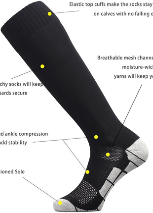CWVLC Youth Soccer Socks 3 Pairs Girls Boys Volleyball Sport Team Athletic Knee High Long Tube Cotton Compression Socks Black Medium (5Y-7Y Youth/6-10 Women)