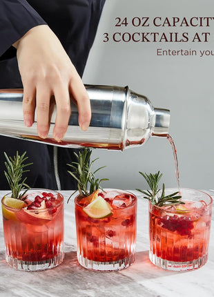 Cocktail Shaker, KITESSENSU 24oz Drink Shaker with Bartender Strainer, Measuring Jigger, Bar Mixing Spoon, Cocktail Recipe Guide, Professional Drink Mixer Set for Beginners, Silver