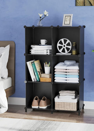 AWTATOS Cube Storage Organizer, Storage Cubes Shelves Bookshelf, 6 Cube Closet Organizers and Storage, DIY Stackable Plastic Clothes Organizer Shelving for Bedroom, Home, Black