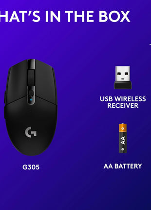 Logitech G305 Lightspeed Wireless Gaming Mouse - Black | Hero Sensor 12, Lightspeed 1ms Wireless, Up to 250h on 1xaa, 6 Programmable Buttons, 99g with Battery
