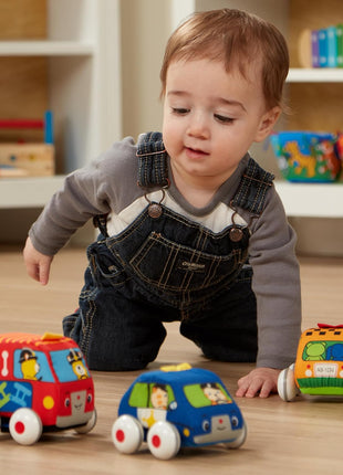 Melissa & Doug K's Kids Pull-Back Town Vehicle Set - Baby Toys Set with 4 Soft Toy Cars and Trucks, Surface Washable with Removable Wheels, Learning Toys for Babies and Toddlers
