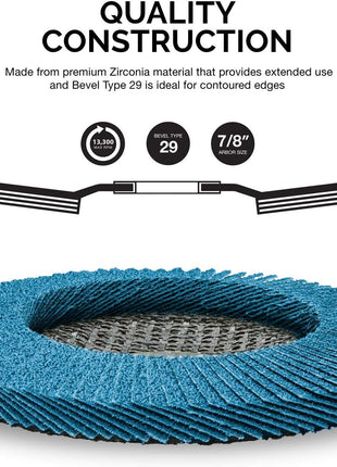 Neiko 11142A Premium Zirconia Flap Disc | 4.5" x 7/8-Inch, 40 Grit, Bevel Type #29 - 10 Pack