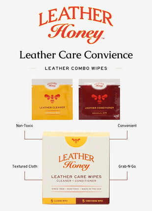 Leather Honey Leather Wipe Kit: Clean & Restore On-The-Go. For Any Color of Leather Couches, Car Seats, Purses, Shoes & Bags. Nontoxic, Ready-to-Use & Made in the USA. 5 Cleaner & 5 Conditioner Wipes