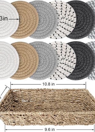 12 Pcs Cotton Woven Coasters for Drinks with Basket (Grey) | 4.3" absorbent cotton woven coasters with 0.35" thick design; helps protect wooden tables from heat, moisture and cup marks