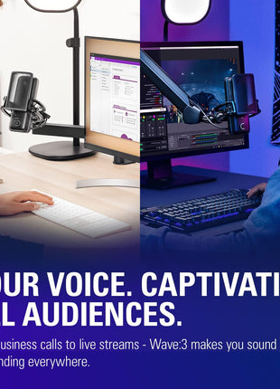 Elgato Wave:3 USB Condenser Microphone for Streaming | Cardioid capsule, 24-bit/96kHz audio, Anti-distortion Clipguard, Free mixer software, Plug and play, For Mac and PC