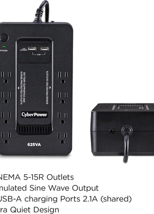 CyberPower ST625U Standby UPS Battery Backup and Surge Protector | 4 Surge-Only, 2x USB-a, 890j Surge, Simulated Sine Wave
