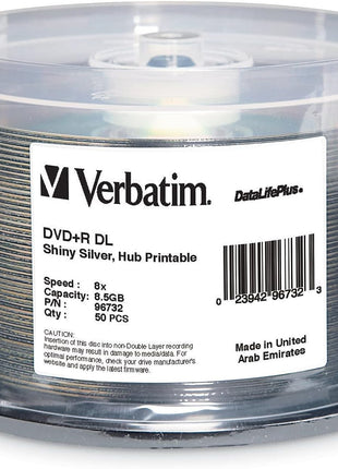 Verbatim DVD+R DL 8.5GB 8X DataLifePlus Shiny Silver Silk Screen Printable - 50pk Spindle