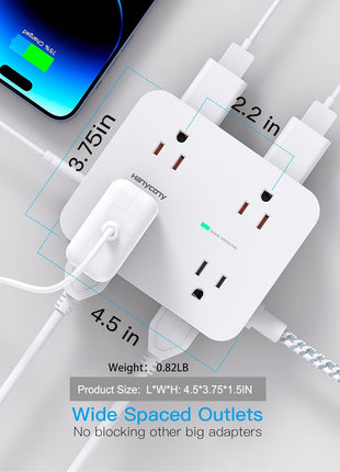 Surge Protector Power Strip - HANYCONY 8 Outlets 4 USB (2 USB C) Charging Ports, Multi Plug Outlet Extender, 5Ft Braided Extension Cord, Flat Plug Wall Mount Desk Charging Station for Home Office ETL