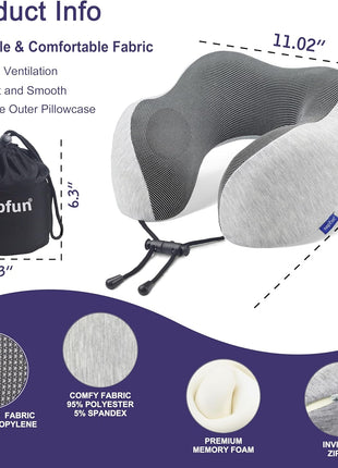 napfun Neck Pillow for Traveling, Upgraded Travel Neck Pillow for Airplane 100% Pure Memory Foam Travel Pillow for Flight Headrest Sleep, Portable Plane Accessories, Light Grey