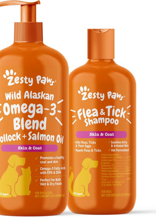 Zesty Paws Wild Alaskan Omega-3 Blend Pollock + Salmon Oil + Flea and Tick Shampoo for Dogs