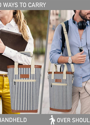 opux Two Bottle Wine Bag Carrier Tote, Insulated Leakproof 2 Bottle Wine Cooler Bag for Travel BYOB Picnic, Portable Wine Case, Gift for Men Women Wine Lover Birthday Party Christmas, Navy Stripes