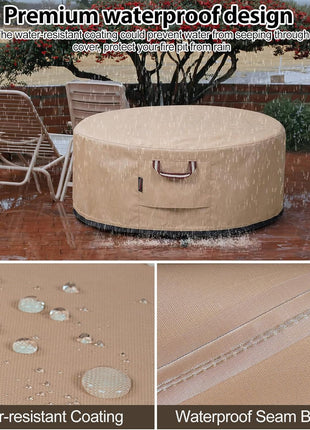 QH.HOME Fire Pit Cover Round-45-48 Inch Heavy Duty 900D Strong Tear-Resistant and UV Resistant and Waterproof and Fading Resistant Material Polyester Firepit Covers Round for Outdoor Fire Pit-Wheat