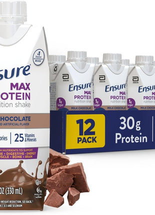Ensure Max Protein Milk Chocolate Shake, 30g High Protein, 12 Pack | 30g protein to support muscle health & manage hunger for adults; each protein shake has 1g sugar, 150 calories, 4g fiber