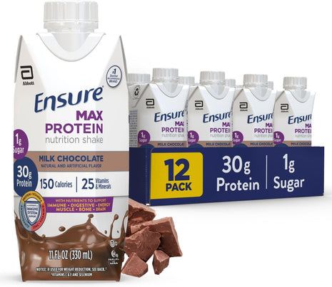 Ensure Max Protein Milk Chocolate Shake, 30g High Protein, 12 Pack | 30g protein to support muscle health & manage hunger for adults; each protein shake has 1g sugar, 150 calories, 4g fiber