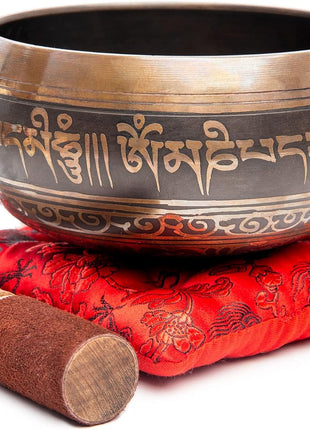 Premium Tibetan Singing Bowl Set – Handmade in Nepal Sound & Meditation Bowl – Spiritual Decor for Yoga, Wellness Spaces & Relaxation by Himalayan Bazaar (Brown & Red)