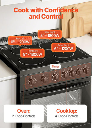 VEVOR 24in Electric Range Oven, 2.7Cu. Ft. Capacity Compact Freestanding Oven, Stainless Steel Kitchen Stove, with 4 Burners, Easy Reach Racks, Storage Drawer, Drip Pan, Indicator Light(No Power Cord)
