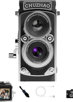 CHUZHAO Vintage Mini Digital Camera, Portable TLR Style Retro Point and Shoot Compact Small Pocket 1080P FHD Video 12MP Autofocus Vlogging Camera with 16 GB Card for Beginners Teens Adults Black