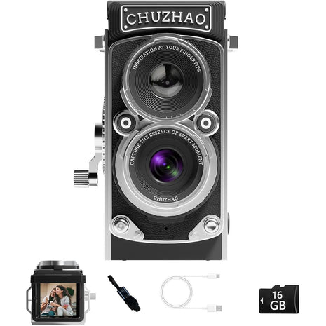CHUZHAO Vintage Mini Digital Camera, Portable TLR Style Retro Point and Shoot Compact Small Pocket 1080P FHD Video 12MP Autofocus Vlogging Camera with 16 GB Card for Beginners Teens Adults Black