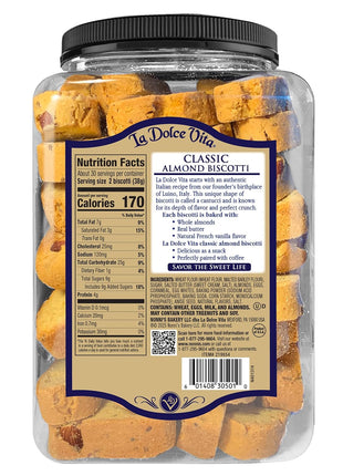 La Dolce Vita Almond Biscotti, Authentic Italian-Style Cookies, 40oz Jar