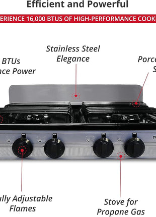 Koblenz PSK-400S 4 Portable Porcelain Cover and Four 16, Silver, Stainless | 000 BTU Burners, Stainless Steel Stove for Propane Gas, Silver, For Home and Kitchen, Sleek Modern Design, Quality Build