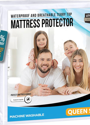 Utopia Bedding Waterproof Mattress Protector Queen Size, Premium Terry Mattress Cover 200 GSM, Breathable, Fitted Style with Stretchable Pockets (White)